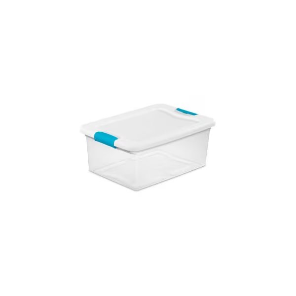 Sterilite 15 Quart 14948012 Clear Storage Latch Tote White Lid Blue Latches 16-1/4 x 11-1/4 x 6-3/4, Sterilite, Mfr#: 14948012